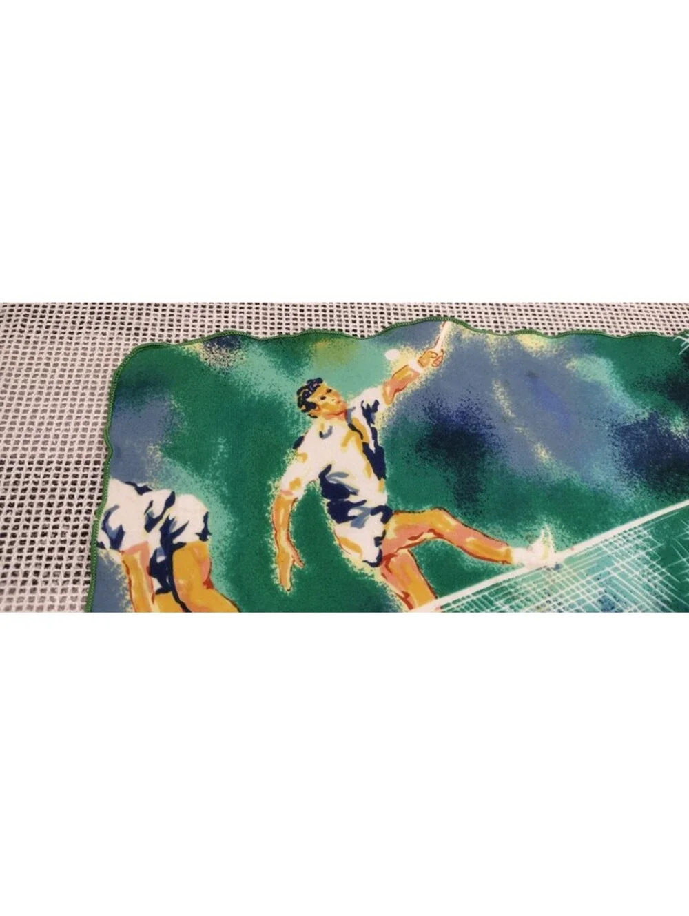 Vintage 60s 70s Oblong Long Scarf TENNIS PLAYERS Green White Blue Lettuce Edge